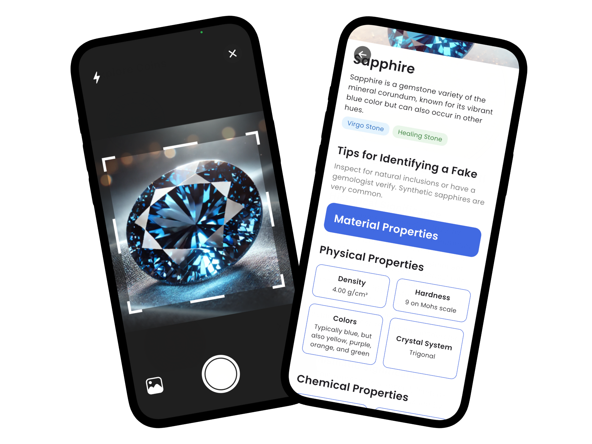 Gemstone identification app interface showing stone identification features